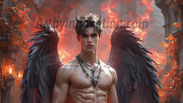A Dark Angel with huge vibrate feathered wings, enormous and shimmering. Here is a raw, untamed energy that emanates from him. His presence is electrifying, drawing viewers in with his captivating gaze and formidable presence.