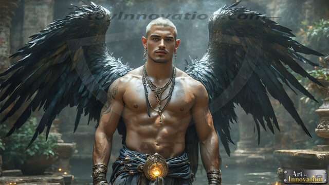 A Dark Angel with huge vibrate feathered wings, enormous and shimmering. Here is a raw, untamed energy that emanates from him. His presence is electrifying, drawing viewers in with his captivating gaze and formidable presence.
