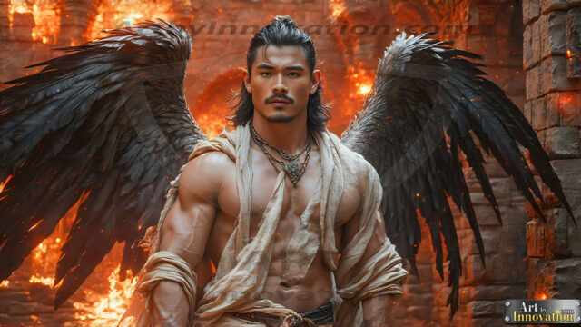 A Dark Angel with huge vibrate feathered wings, enormous and shimmering. Here is a raw, untamed energy that emanates from him. His presence is electrifying, drawing viewers in with his captivating gaze and formidable presence.