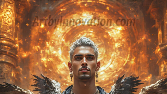 A Dark Angel with huge vibrate feathered wings, enormous and shimmering. Here is a raw, untamed energy that emanates from him. His presence is electrifying, drawing viewers in with his captivating gaze and formidable presence.
