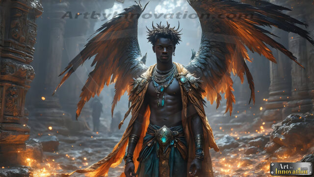 A Dark Angel with huge vibrate feathered wings, enormous and shimmering. Here is a raw, untamed energy that emanates from him. His presence is electrifying, drawing viewers in with his captivating gaze and formidable presence.