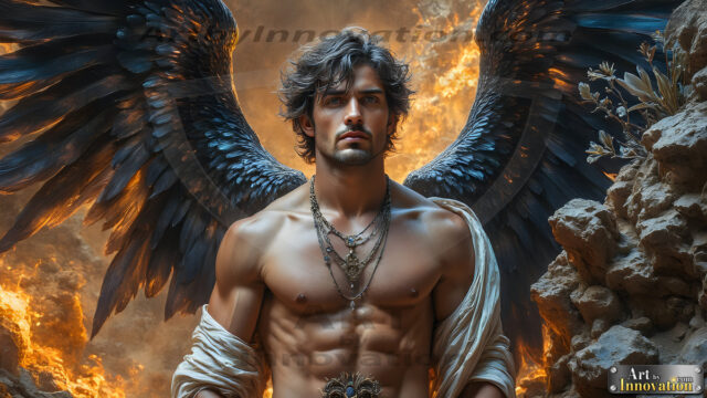 A Dark Angel with huge vibrate feathered wings, enormous and shimmering. Here is a raw, untamed energy that emanates from him. His presence is electrifying, drawing viewers in with his captivating gaze and formidable presence.
