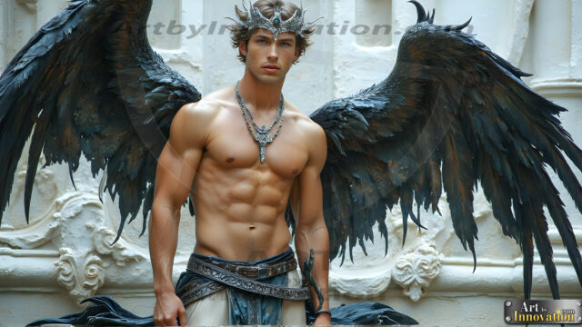 A Dark Angel with huge vibrate feathered wings, enormous and shimmering. Here is a raw, untamed energy that emanates from him. His presence is electrifying, drawing viewers in with his captivating gaze and formidable presence.