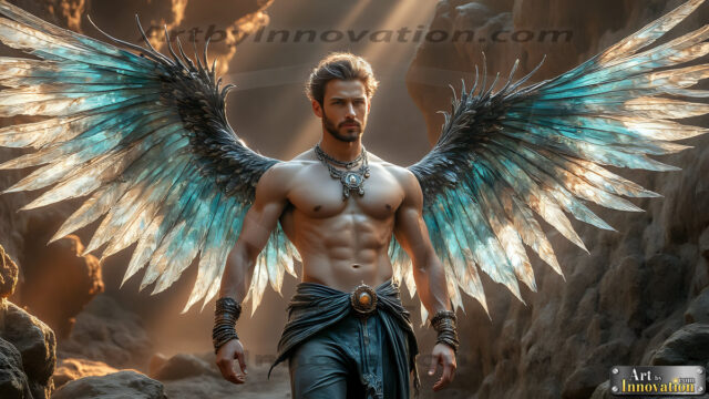A Dark Angel with huge vibrate feathered wings, enormous and shimmering. Here is a raw, untamed energy that emanates from him. His presence is electrifying, drawing viewers in with his captivating gaze and formidable presence.