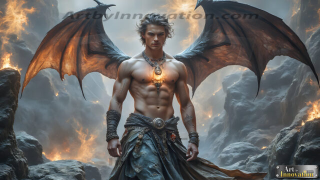 A Dark Angel with huge vibrate feathered wings, enormous and shimmering. Here is a raw, untamed energy that emanates from him. His presence is electrifying, drawing viewers in with his captivating gaze and formidable presence.