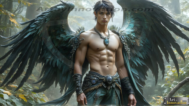A Dark Angel with huge vibrate feathered wings, enormous and shimmering. Here is a raw, untamed energy that emanates from him. His presence is electrifying, drawing viewers in with his captivating gaze and formidable presence.