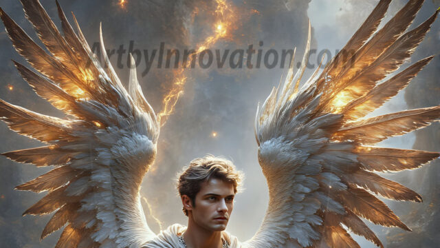 A Dark Angel with huge vibrate feathered wings, enormous and shimmering. Here is a raw, untamed energy that emanates from him. His presence is electrifying, drawing viewers in with his captivating gaze and formidable presence.