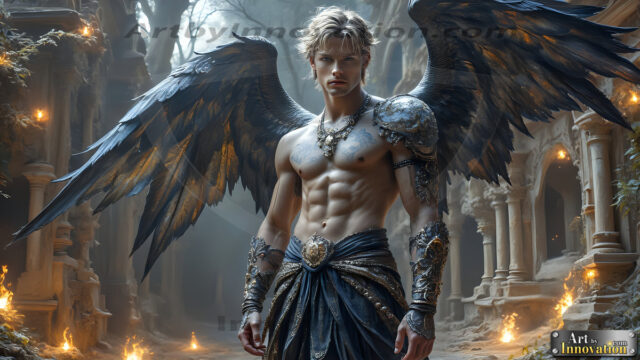 A Dark Angel with huge vibrate feathered wings, enormous and shimmering. Here is a raw, untamed energy that emanates from him. His presence is electrifying, drawing viewers in with his captivating gaze and formidable presence.