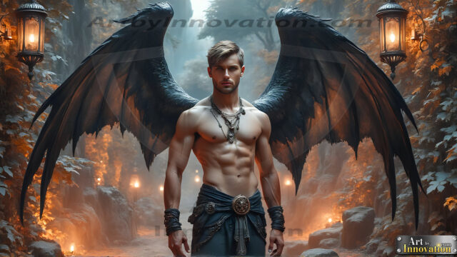 A Dark Angel with huge vibrate feathered wings, enormous and shimmering. Here is a raw, untamed energy that emanates from him. His presence is electrifying, drawing viewers in with his captivating gaze and formidable presence.