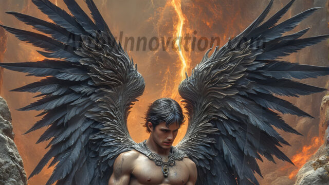 A Dark Angel with huge vibrate feathered wings, enormous and shimmering. Here is a raw, untamed energy that emanates from him. His presence is electrifying, drawing viewers in with his captivating gaze and formidable presence.