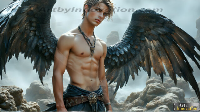 A Dark Angel with huge vibrate feathered wings, enormous and shimmering. Here is a raw, untamed energy that emanates from him. His presence is electrifying, drawing viewers in with his captivating gaze and formidable presence.