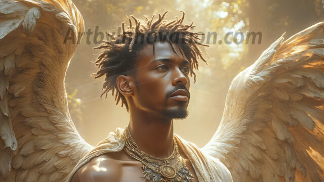 A Dark Angel with huge vibrate feathered wings, enormous and shimmering. Here is a raw, untamed energy that emanates from him. His presence is electrifying, drawing viewers in with his captivating gaze and formidable presence.