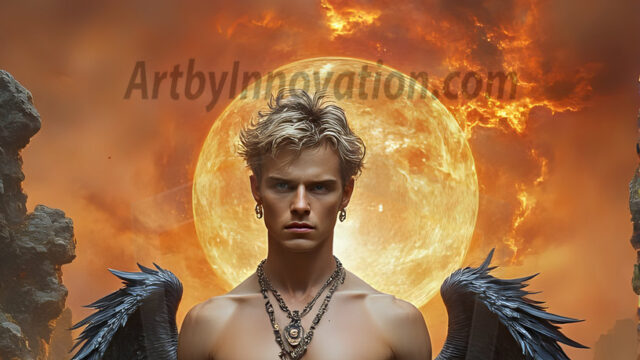 A Dark Angel with huge vibrate feathered wings, enormous and shimmering. Here is a raw, untamed energy that emanates from him. His presence is electrifying, drawing viewers in with his captivating gaze and formidable presence.