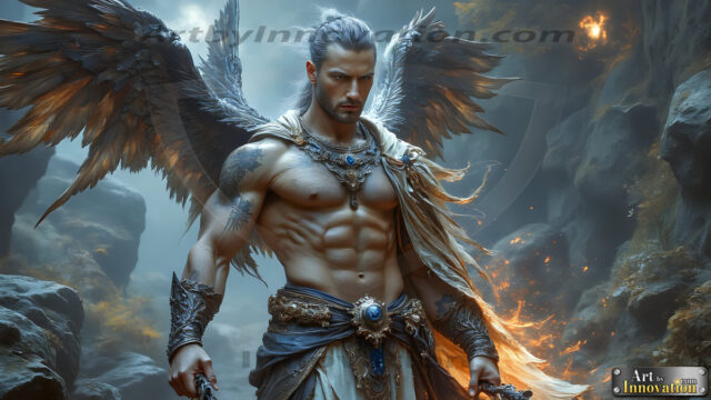 A Dark Angel with huge vibrate feathered wings, enormous and shimmering. Here is a raw, untamed energy that emanates from him. His presence is electrifying, drawing viewers in with his captivating gaze and formidable presence.