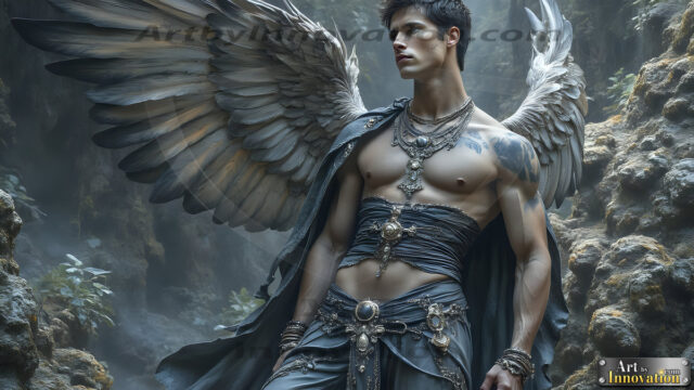A Dark Angel with huge vibrate feathered wings, enormous and shimmering. Here is a raw, untamed energy that emanates from him. His presence is electrifying, drawing viewers in with his captivating gaze and formidable presence.