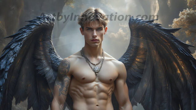A Dark Angel with huge vibrate feathered wings, enormous and shimmering. Here is a raw, untamed energy that emanates from him. His presence is electrifying, drawing viewers in with his captivating gaze and formidable presence.