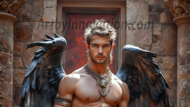 A Dark Angel with huge vibrate feathered wings, enormous and shimmering. Here is a raw, untamed energy that emanates from him. His presence is electrifying, drawing viewers in with his captivating gaze and formidable presence.