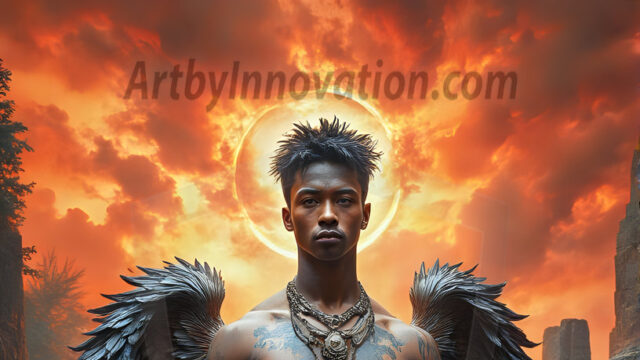 A Dark Angel with huge vibrate feathered wings, enormous and shimmering. Here is a raw, untamed energy that emanates from him. His presence is electrifying, drawing viewers in with his captivating gaze and formidable presence.