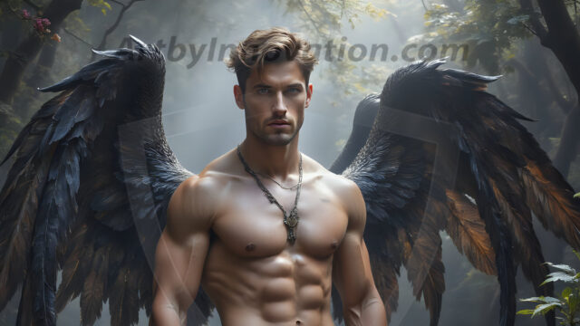 A Dark Angel with huge vibrate feathered wings, enormous and shimmering. Here is a raw, untamed energy that emanates from him. His presence is electrifying, drawing viewers in with his captivating gaze and formidable presence.