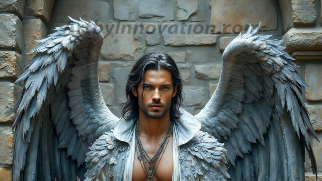 A Dark Angel with huge vibrate feathered wings, enormous and shimmering. Here is a raw, untamed energy that emanates from him. His presence is electrifying, drawing viewers in with his captivating gaze and formidable presence.