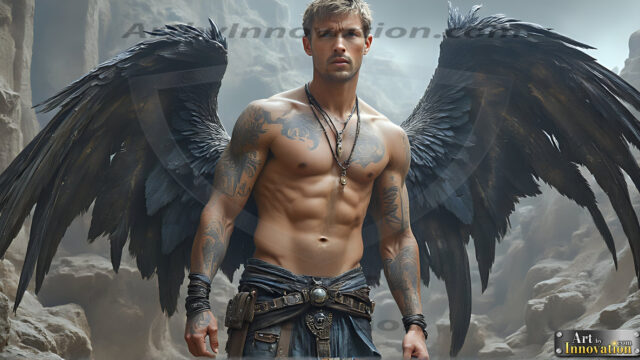 A Dark Angel with huge vibrate feathered wings, enormous and shimmering. Here is a raw, untamed energy that emanates from him. His presence is electrifying, drawing viewers in with his captivating gaze and formidable presence.