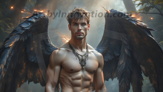 A Dark Angel with huge vibrate feathered wings, enormous and shimmering. Here is a raw, untamed energy that emanates from him. His presence is electrifying, drawing viewers in with his captivating gaze and formidable presence.
