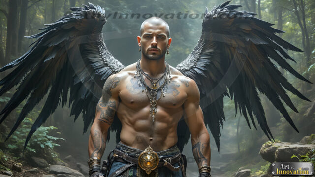A Dark Angel with huge vibrate feathered wings, enormous and shimmering. Here is a raw, untamed energy that emanates from him. His presence is electrifying, drawing viewers in with his captivating gaze and formidable presence.