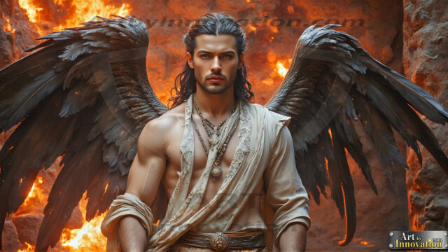 A Dark Angel with huge vibrate feathered wings, enormous and shimmering. Here is a raw, untamed energy that emanates from him. His presence is electrifying, drawing viewers in with his captivating gaze and formidable presence.