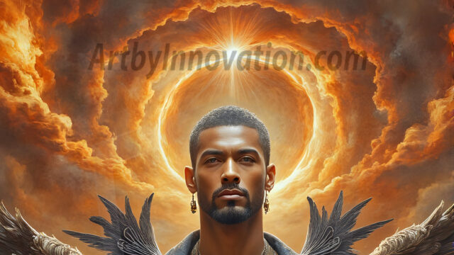 A Dark Angel with huge vibrate feathered wings, enormous and shimmering. Here is a raw, untamed energy that emanates from him. His presence is electrifying, drawing viewers in with his captivating gaze and formidable presence.