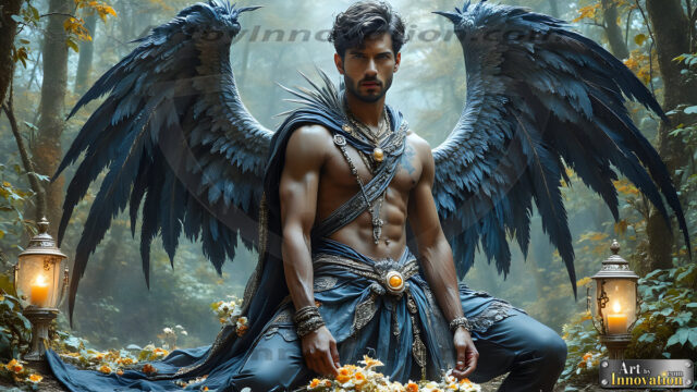 A Dark Angel with huge vibrate feathered wings, enormous and shimmering. Here is a raw, untamed energy that emanates from him. His presence is electrifying, drawing viewers in with his captivating gaze and formidable presence.