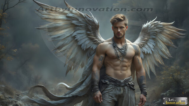 A Dark Angel with huge vibrate feathered wings, enormous and shimmering. Here is a raw, untamed energy that emanates from him. His presence is electrifying, drawing viewers in with his captivating gaze and formidable presence.