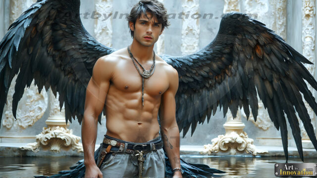 A Dark Angel with huge vibrate feathered wings, enormous and shimmering. Here is a raw, untamed energy that emanates from him. His presence is electrifying, drawing viewers in with his captivating gaze and formidable presence.