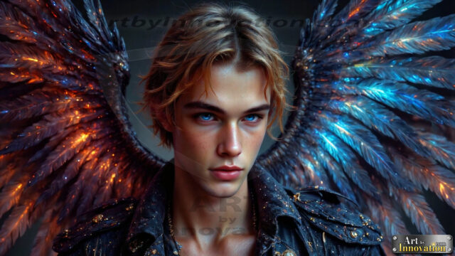 A Dark Angel with huge vibrate feathered wings, enormous and shimmering. Here is a raw, untamed energy that emanates from him. His presence is electrifying, drawing viewers in with his captivating gaze and formidable presence.
