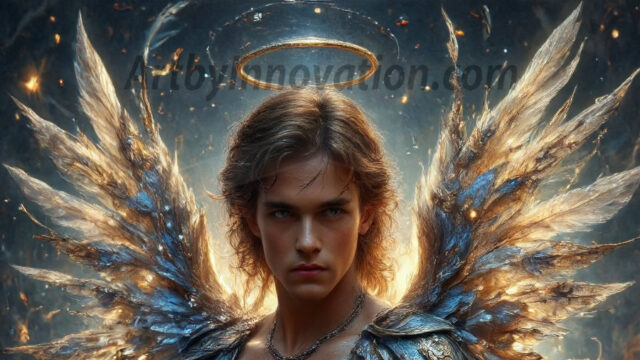 A Dark Angel with huge vibrate feathered wings, enormous and shimmering. Here is a raw, untamed energy that emanates from him. His presence is electrifying, drawing viewers in with his captivating gaze and formidable presence.
