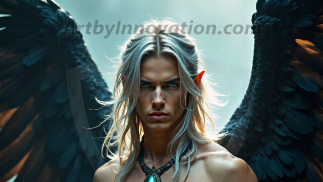 A Dark Angel with huge vibrate feathered wings, enormous and shimmering. Here is a raw, untamed energy that emanates from him. His presence is electrifying, drawing viewers in with his captivating gaze and formidable presence.