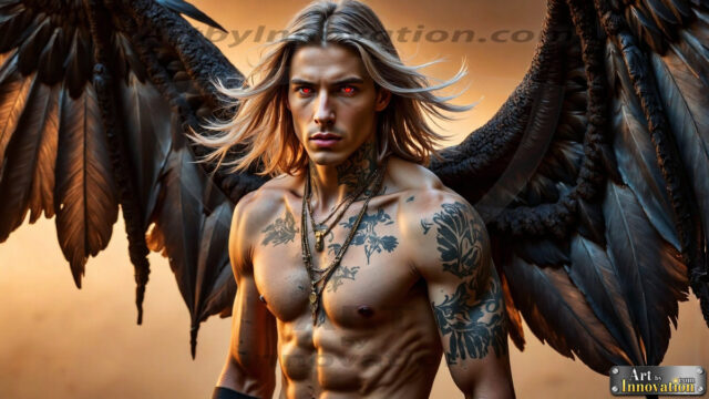 A Dark Angel with huge vibrate feathered wings, enormous and shimmering. Here is a raw, untamed energy that emanates from him. His presence is electrifying, drawing viewers in with his captivating gaze and formidable presence.