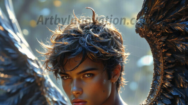 A Dark Angel with huge vibrate feathered wings, enormous and shimmering. Here is a raw, untamed energy that emanates from him. His presence is electrifying, drawing viewers in with his captivating gaze and formidable presence.