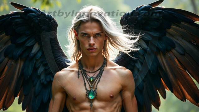 A Dark Angel with huge vibrate feathered wings, enormous and shimmering. Here is a raw, untamed energy that emanates from him. His presence is electrifying, drawing viewers in with his captivating gaze and formidable presence.