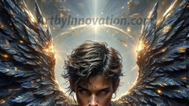 A Dark Angel with huge vibrate feathered wings, enormous and shimmering. Here is a raw, untamed energy that emanates from him. His presence is electrifying, drawing viewers in with his captivating gaze and formidable presence.