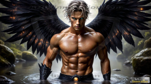 A Dark Angel with huge vibrate feathered wings, enormous and shimmering. Here is a raw, untamed energy that emanates from him. His presence is electrifying, drawing viewers in with his captivating gaze and formidable presence.