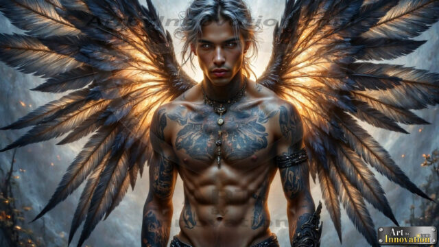 A Dark Angel with huge vibrate feathered wings, enormous and shimmering. Here is a raw, untamed energy that emanates from him. His presence is electrifying, drawing viewers in with his captivating gaze and formidable presence.