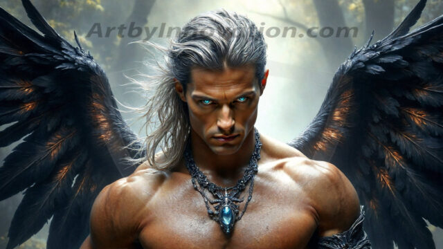 A Dark Angel with huge vibrate feathered wings, enormous and shimmering. Here is a raw, untamed energy that emanates from him. His presence is electrifying, drawing viewers in with his captivating gaze and formidable presence.