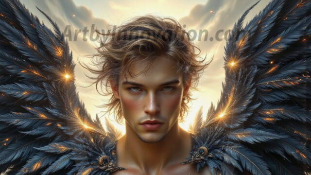 A Dark Angel with huge vibrate feathered wings, enormous and shimmering. Here is a raw, untamed energy that emanates from him. His presence is electrifying, drawing viewers in with his captivating gaze and formidable presence.