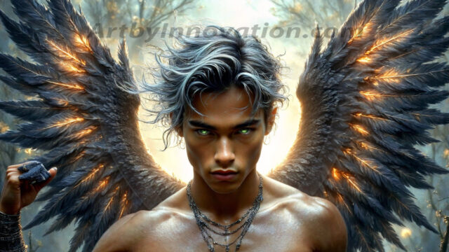 A Dark Angel with huge vibrate feathered wings, enormous and shimmering. Here is a raw, untamed energy that emanates from him. His presence is electrifying, drawing viewers in with his captivating gaze and formidable presence.