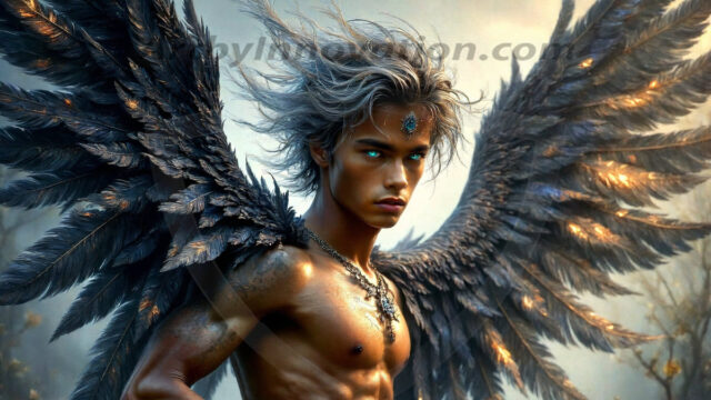 A Dark Angel with huge vibrate feathered wings, enormous and shimmering. Here is a raw, untamed energy that emanates from him. His presence is electrifying, drawing viewers in with his captivating gaze and formidable presence.