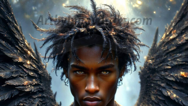 A Dark Angel with huge vibrate feathered wings, enormous and shimmering. Here is a raw, untamed energy that emanates from him. His presence is electrifying, drawing viewers in with his captivating gaze and formidable presence.