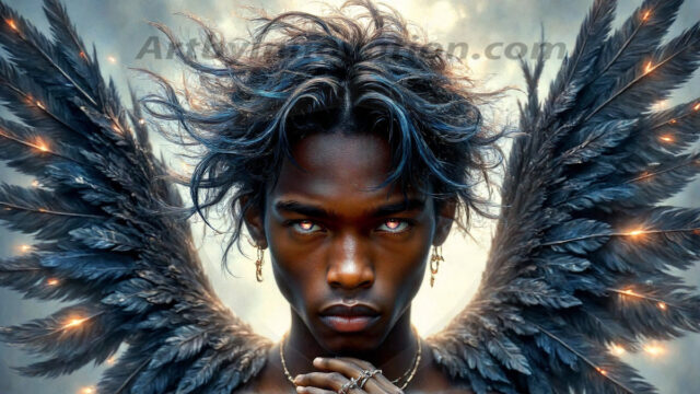 A Dark Angel with huge vibrate feathered wings, enormous and shimmering. Here is a raw, untamed energy that emanates from him. His presence is electrifying, drawing viewers in with his captivating gaze and formidable presence.