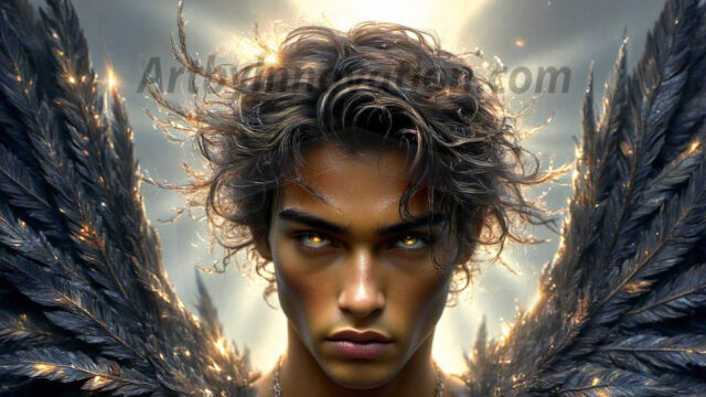 A Dark Angel with huge vibrate feathered wings, enormous and shimmering. Here is a raw, untamed energy that emanates from him. His presence is electrifying, drawing viewers in with his captivating gaze and formidable presence.