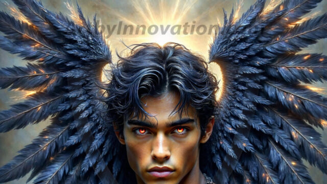 A Dark Angel with huge vibrate feathered wings, enormous and shimmering. Here is a raw, untamed energy that emanates from him. His presence is electrifying, drawing viewers in with his captivating gaze and formidable presence.