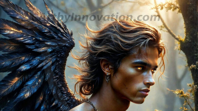 A Dark Angel with huge vibrate feathered wings, enormous and shimmering. Here is a raw, untamed energy that emanates from him. His presence is electrifying, drawing viewers in with his captivating gaze and formidable presence.